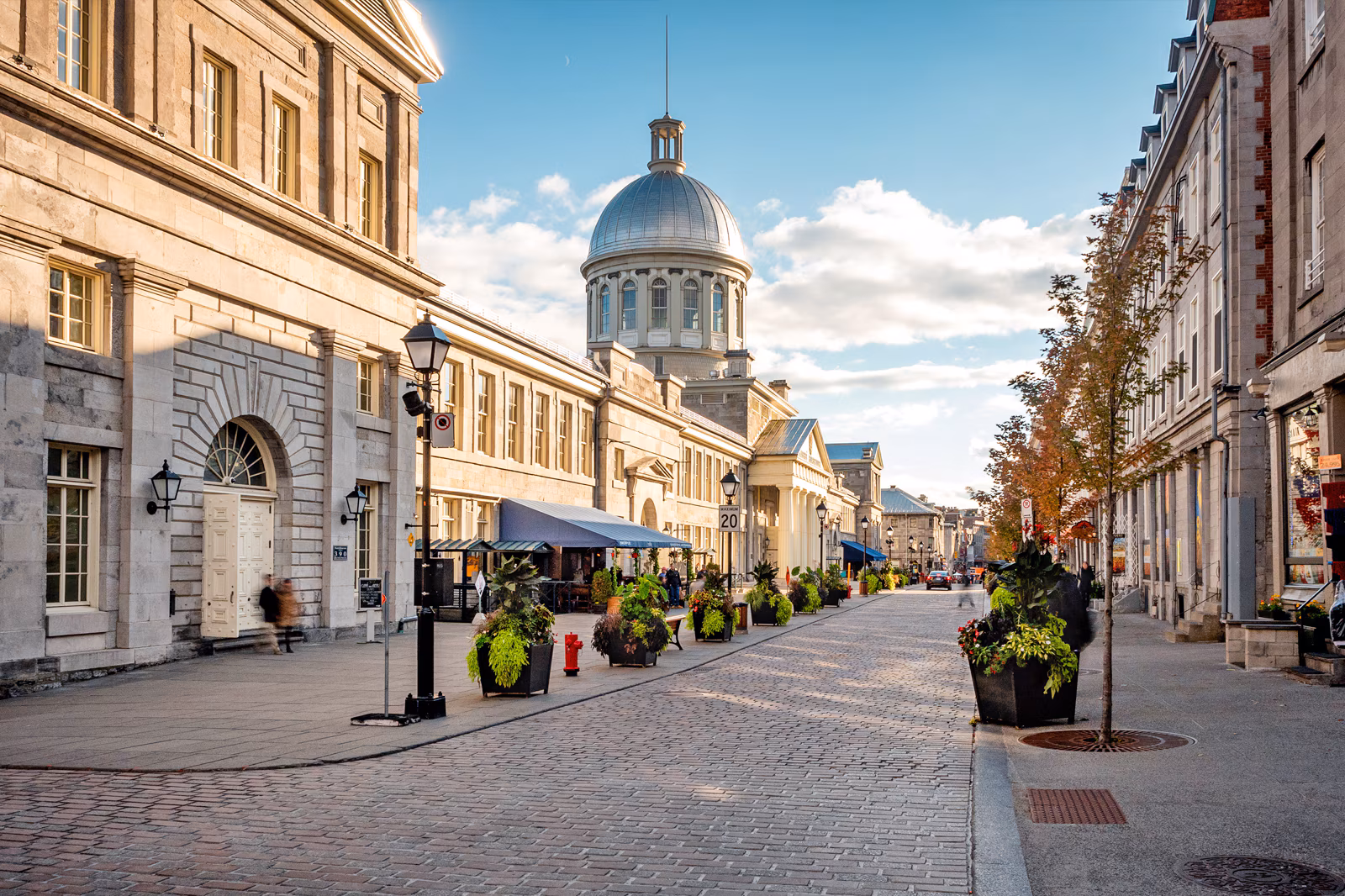 cobblestone street with colonial buildings